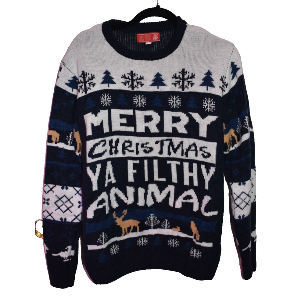 You Look Ugly Today MERRY CHRISTMAS YA FILTHY ANIMAL Knit Sweater Adult Medium